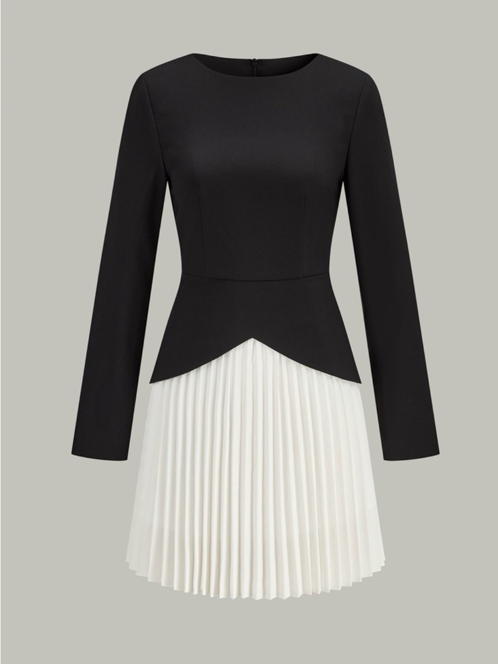 Commense Black Bodice with White Pleated Skirt Long-Sleeve Dress